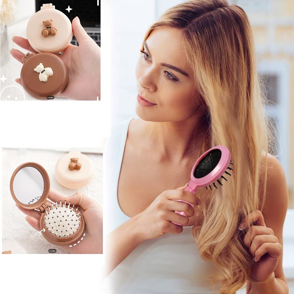 2 In 1 Folding Hair Brush with Mirror,Compact Travel Hair Brush, Portable Travel Brushes for Hair, Folding Hair Brush with Makeup Mirror, Round Hair Massage Comb for Women Girls